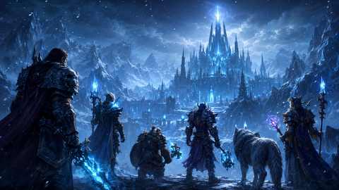 The Syndicate guild party facing an icy Wrath of the Lich King fortress in Northrend